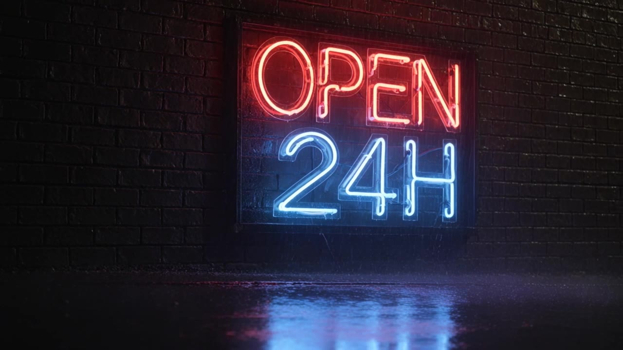 Kling 3.0 Turbo: Neon sign OPEN 24H