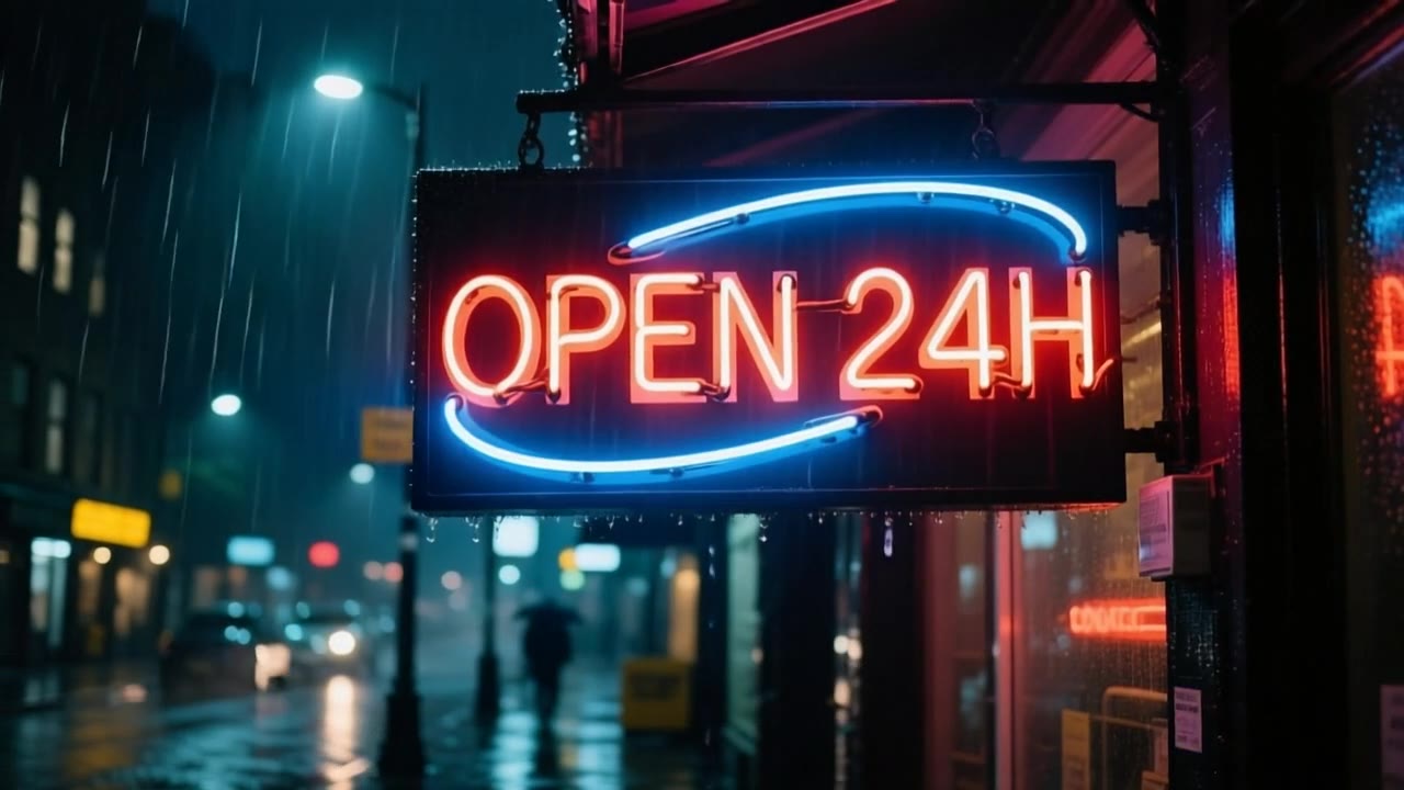 PixVerse v5.5: Neon sign OPEN 24H