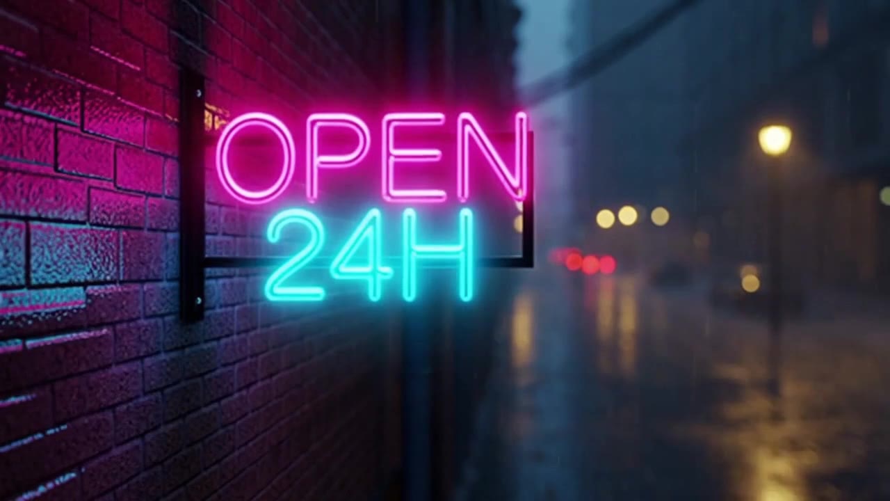 OpenAI Sora 2: Neon sign OPEN 24H